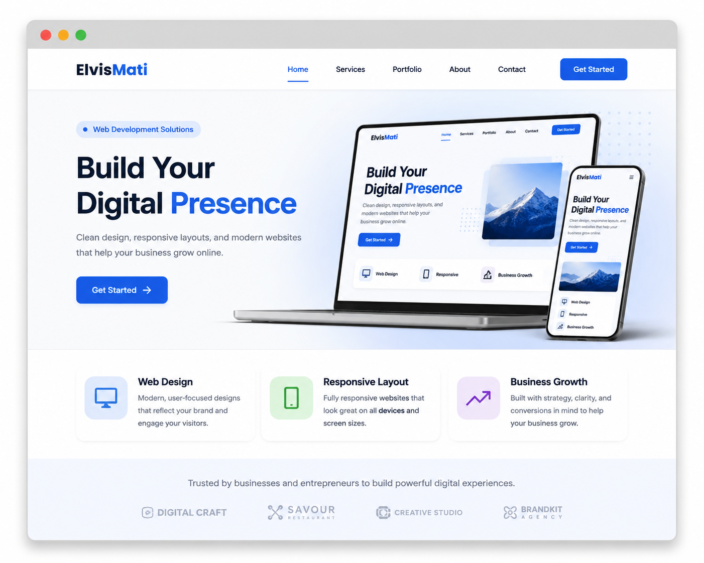 Modern business website preview designed by Elvis Mati